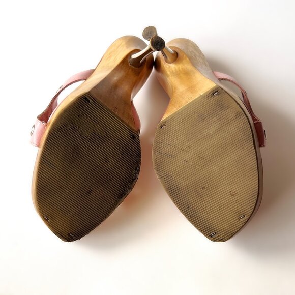 Bebe Galia Pink Leather Platform Sandals Size 6 Wood Base with Steel Heel 16350 - Picture 9 of 10
